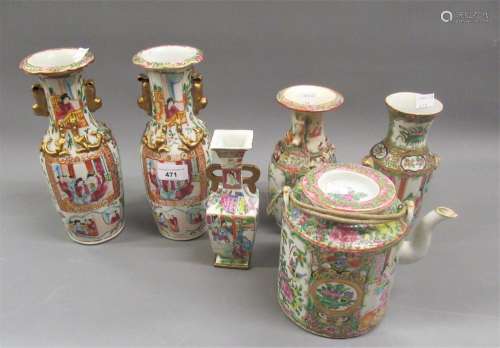 Five various Canton famille rose vases and a similar teapot ...