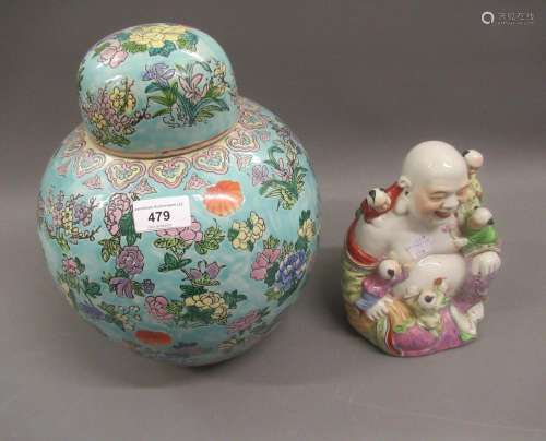 Large Chinese ginger jar and cover with floral decoration on...