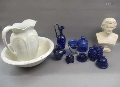 White glazed pottery jug and basin set, quantity of blue gla...
