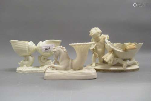 Worcester white glazed shell and dolphin form vase, 6ins wid...