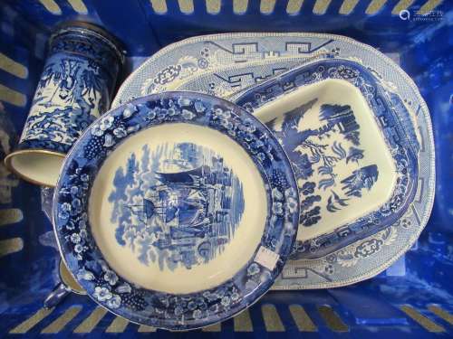 Oval blue and white transfer printed meat dish, similar smal...