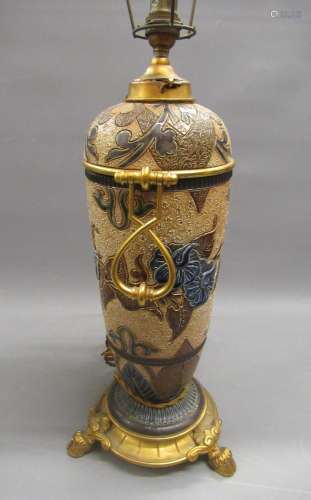 Doulton Lambeth stoneware and gilt brass mounted oil lamp ba...