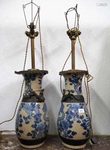 Pair of large 19th Century Chinese blue and white cracklewar...