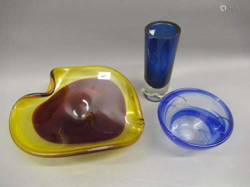 Kosta Boda glass bowl, an Art glass cylindrical vase and a M...