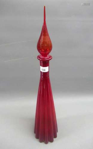 Empoli, Italian large red tapered glass decanter with stoppe...