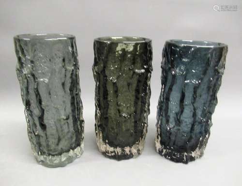 Group of three Whitefriars bark pattern vases, 9ins high app...