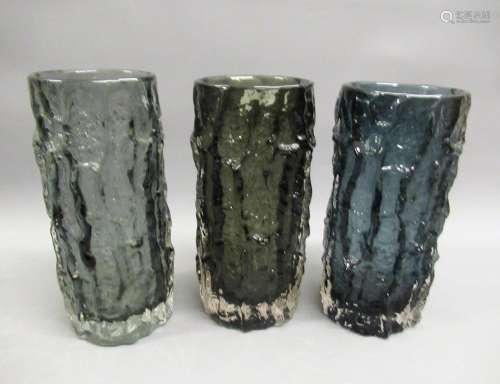 Group of three Whitefriars bark pattern vases, 9ins high app...