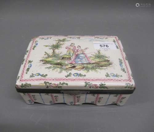 French faience rectangular box and cover, decorated with mus...