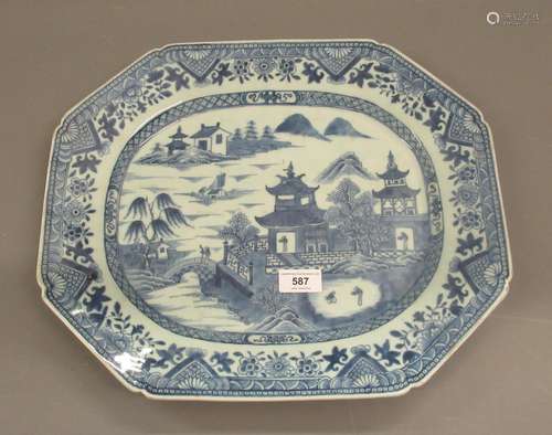 18th Century Chinese octagonal blue and white platter decora...