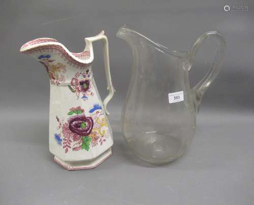 19th Century large glass jug and another pottery jug with fl...