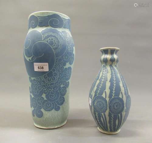 Gustav Sberg, blue floral incised decorated vase 12ins high,...