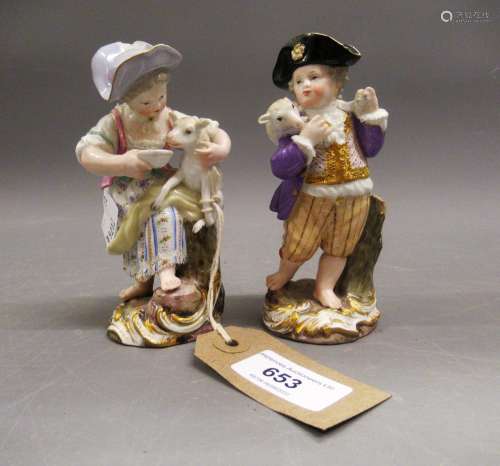 Pair of 19th Century Meissen figures of boy and girl shepher...