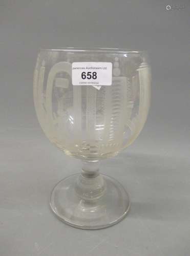 Large glass goblet engraved with Masonic emblems, 8.5ins hig...