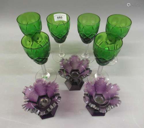 Set of six green and clear cut glass wine glasses, together ...