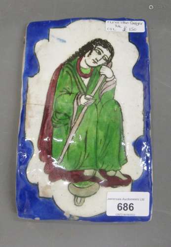 19th Century Qajar tile depicting a seated figure, 7.5ins x ...