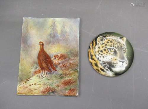 Small enamel plaque, painted with pheasant, together with a ...