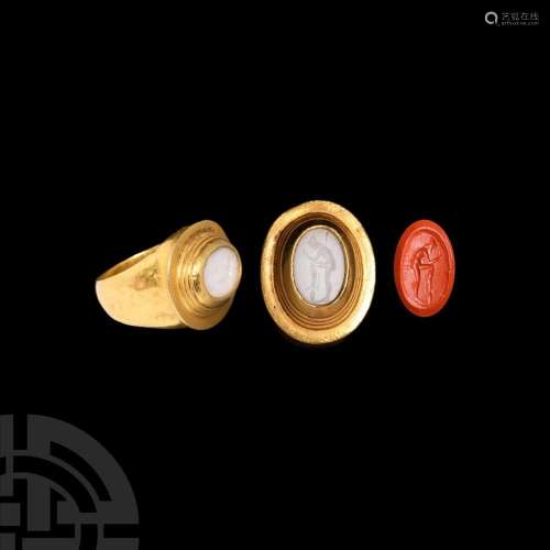Large Hellenistic Gold Ring with Odysseus Gemstone