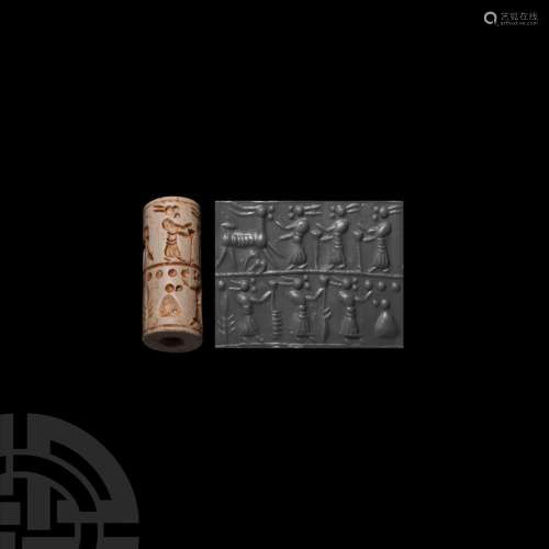 Mesopotamian White Bone Cylinder Seal with offering Scenes