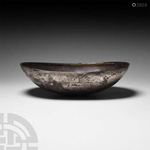 Sassanian Silver Bowl with Gilt Incised Design of Four-Armed...