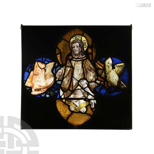 English Medieval Stained Glass Quatrefoil with Christ