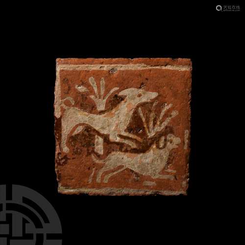 Medieval French Tile Depicting Hunting Dogs