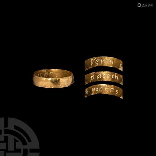 Gold 'Vertu Paseth Riches' Decorated Posy Ring