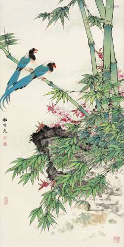 田世光(1916-1999) 竹桃绶带 设色纸本 立轴