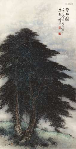 黎雄才(1910-2001) 双松图 设色纸本 镜心 1980年作