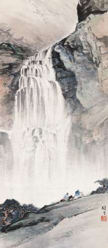 黎雄才(1910-2001) 双骑观瀑图 设色纸本 立轴