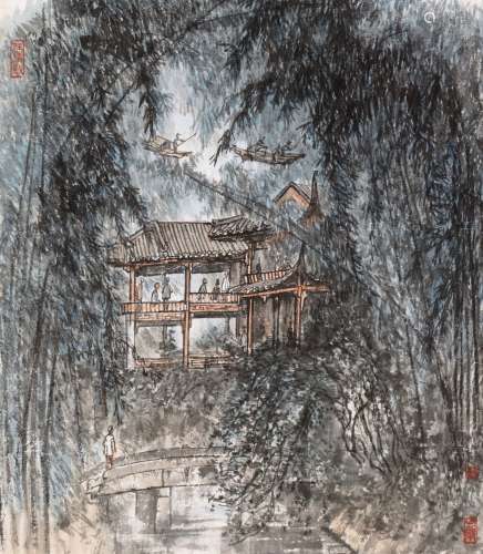 李可染(1907-1989) 成都望江楼 设色纸本 镜心