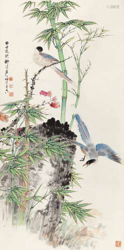 田世光(1916-1999) 竹韵双翠 设色纸本 立轴
