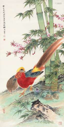 田世光(1916-1999) 桃花锦鸡 设色纸本 镜心