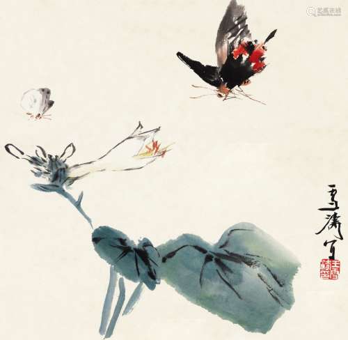 王雪涛(1903-1982) 玉兰蝴蝶 设色纸本 立轴