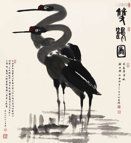黄永玉(b.1924) 双鹤图 设色纸本 立轴 1988年作