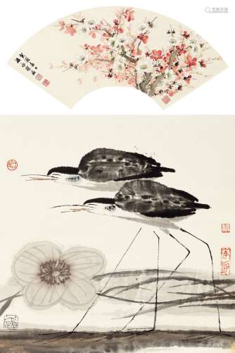 薛 亮(b.1956)、溫永琛(1922-1995) 桃花双挖 设色纸本 立轴