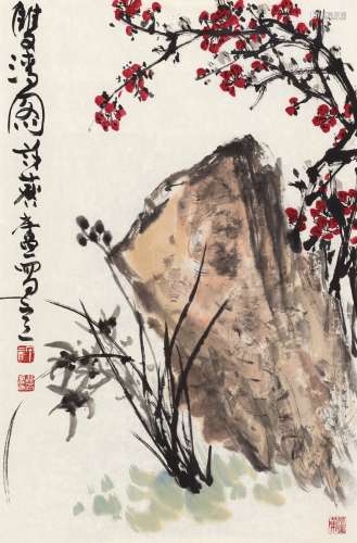 许麟庐(1916-2011) 双清图 设色纸本 镜心