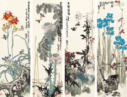 王炳龙(1940-1999) 花鸟四屏 设色纸本 立轴 1987年作