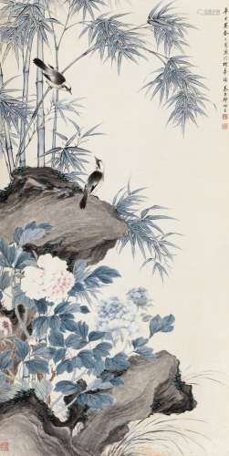 郑慕康(1910-1982) 翠竹双鸟 设色纸本 立轴 1941年作