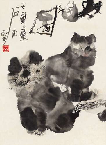 石 虎(b.1942) 双猫图 设色纸本 立轴 1986年作