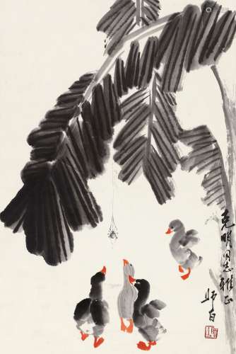 娄师白(1918-2010) 芭蕉小鸭 设色纸本 镜心