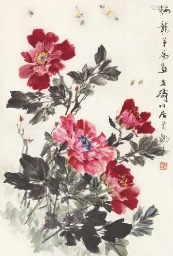 王雪涛(1903-1982) 牡丹蝴蝶 设色纸本 立轴