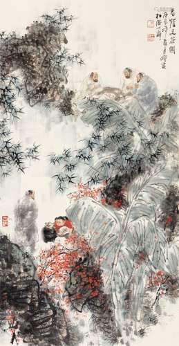 王明明(b.1952) 春荫品茶图 设色纸本 立轴 2000年作