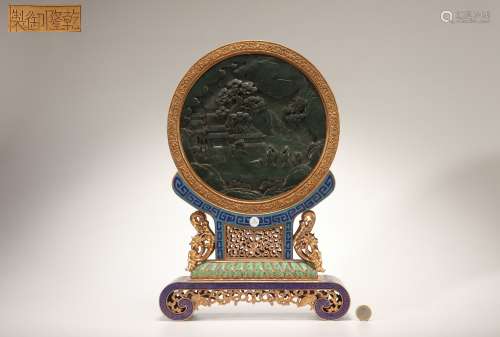 Gilt Bronze Cloisonne Table Screen with Jasper Inlaid Design...
