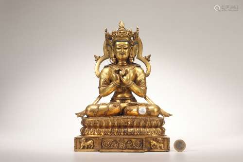 Gilt Bronze Buddha Statue with Three Faces Design