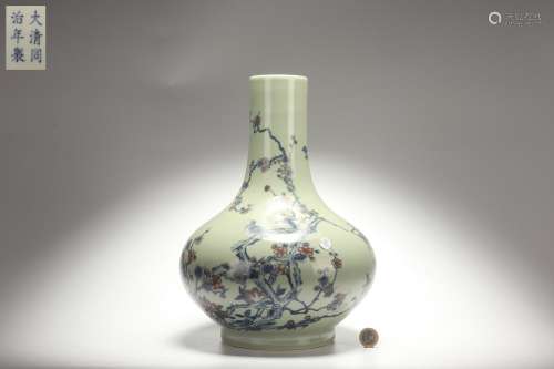 Light Greenish-blue Glazed Vase with Underglazed Blue and Re...