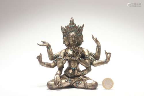 Silver Avalokitesvara Statue with Three Heads, Six Arms Desi...