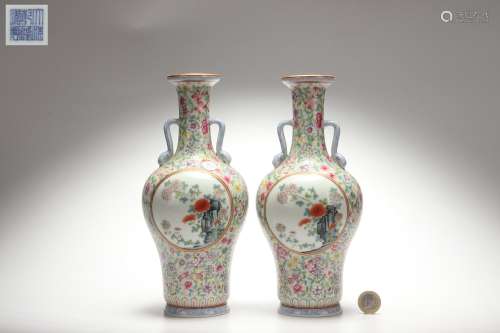 A Pair Famille Rose Vases with Floral Design on A Decorated ...