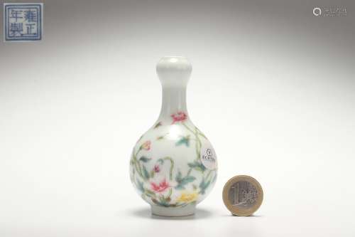 Famille Rose Garlic-shaped Vase with Floral and Poem Design,...