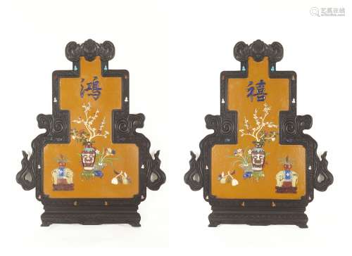 A Pair Lacquer Hanging Screens with Red Sandalwood Frame and...