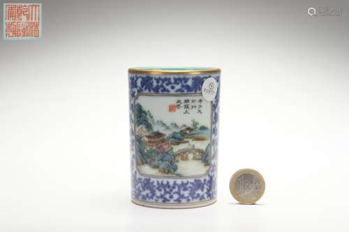 Blue-and-white Brush Holder with Famille Rose Landscape and ...